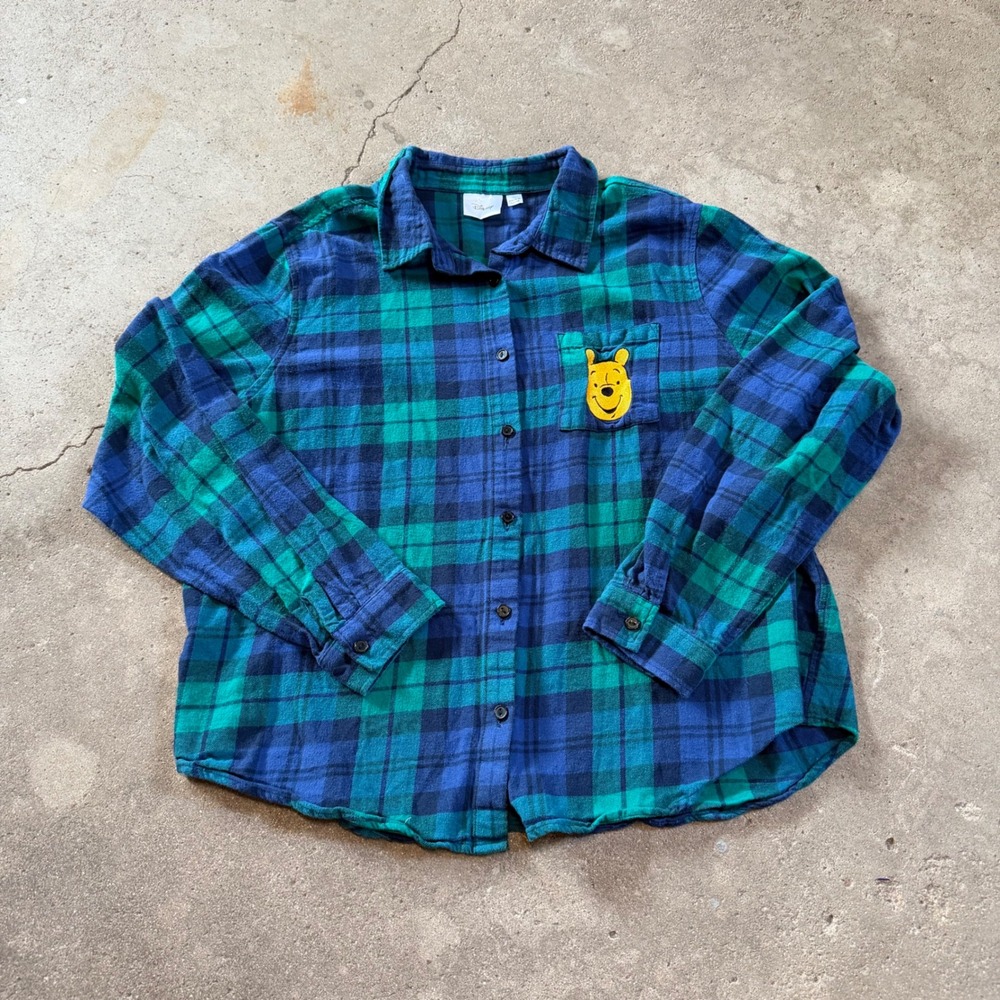 Disney Winnie the Pooh Flannel Shirt Women XL Blue Green Plaid Cotton Button Up